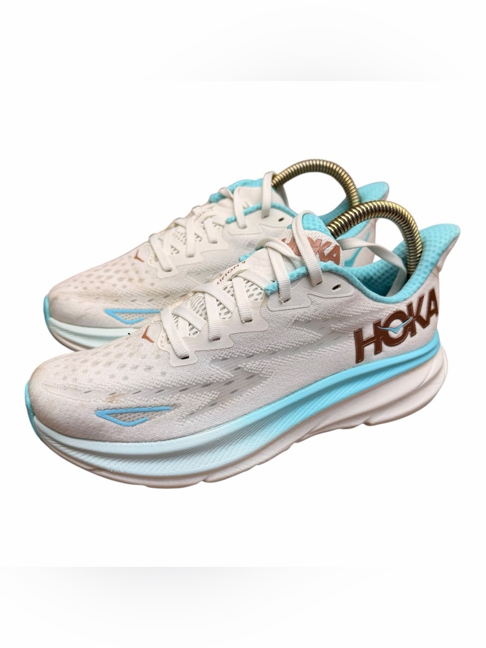 Hoka One Clifton 9 women size 7 Frost Rose Gold White & Light Blue Running Shoes